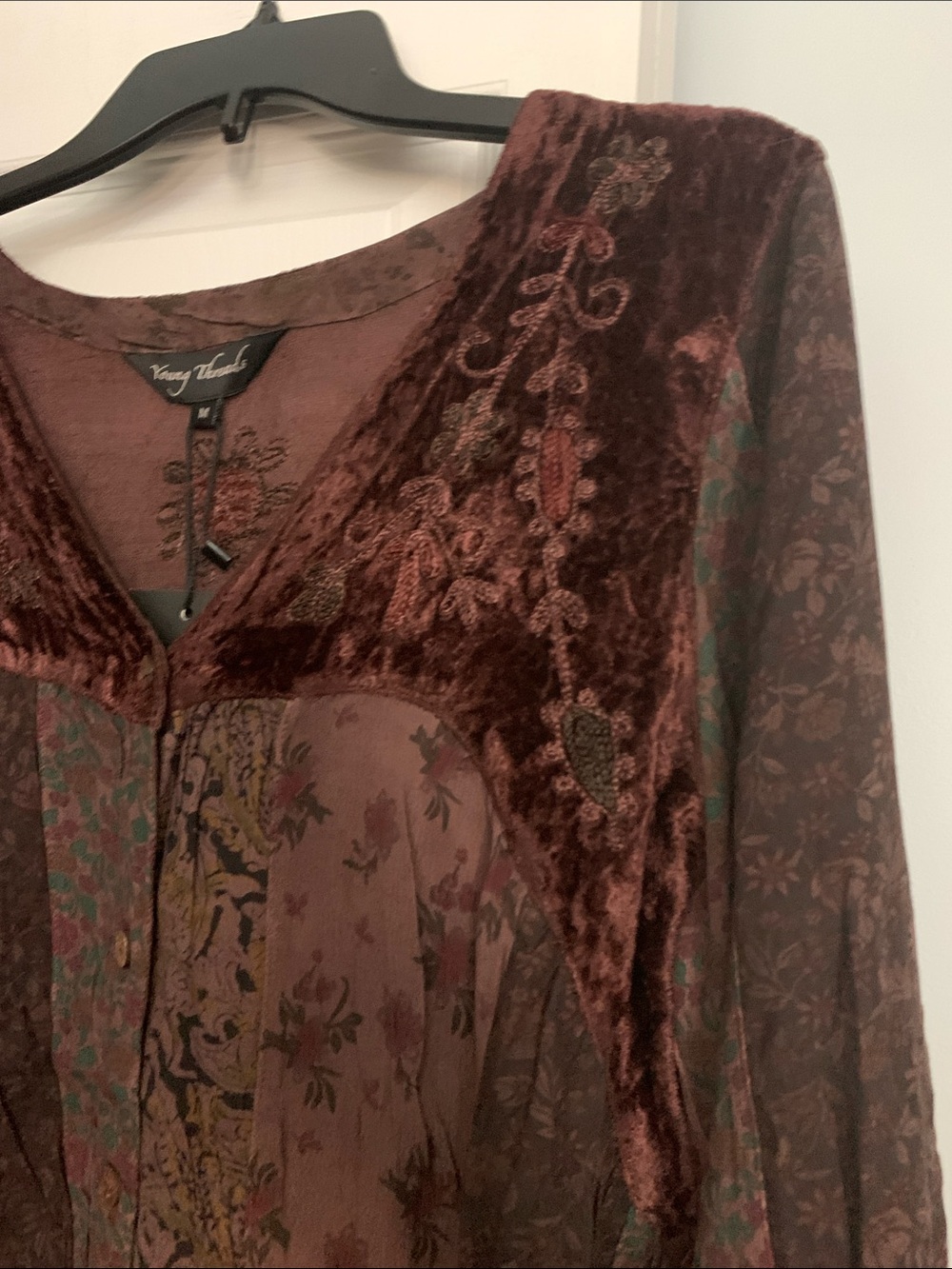 Chestnut Velvet Embroidered Patchwork Top - Picture 3 of 3